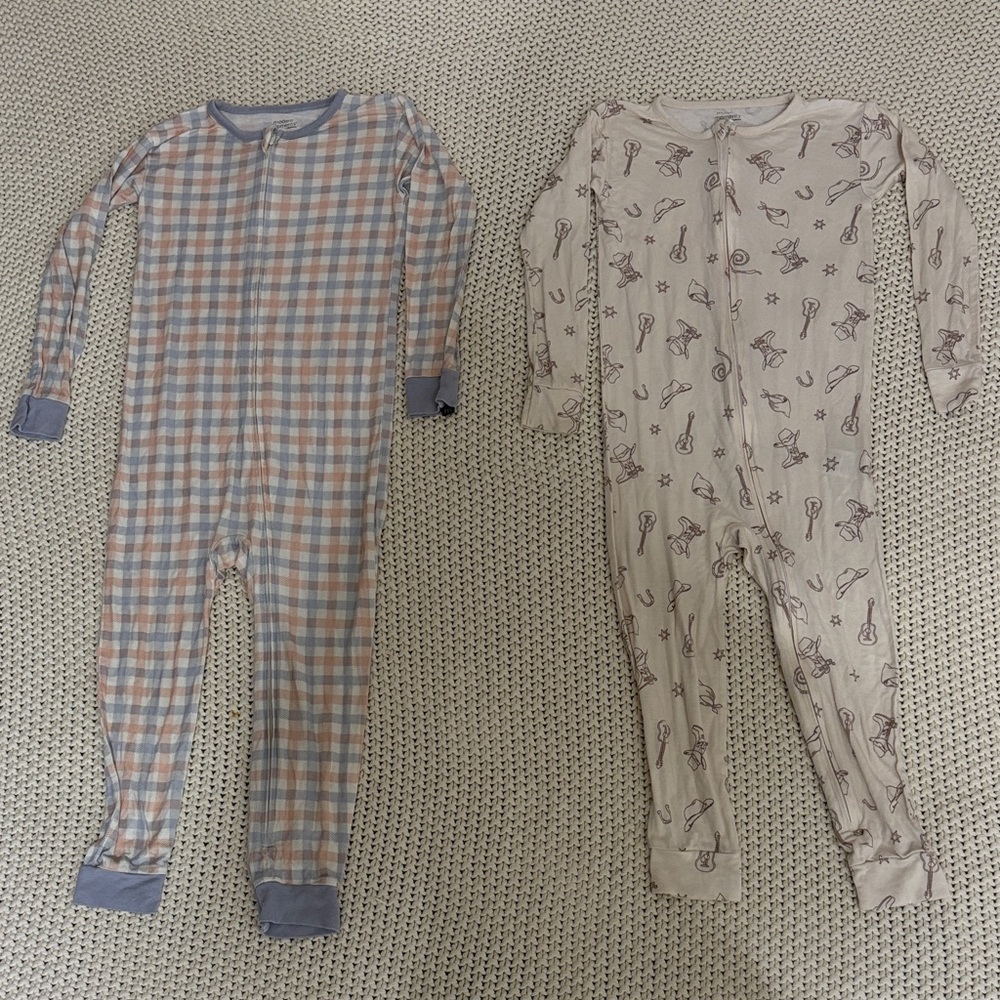 Two-Piece Kids One-Piece Bodysuit Set - Blue Plaid & Cream Guitar Print